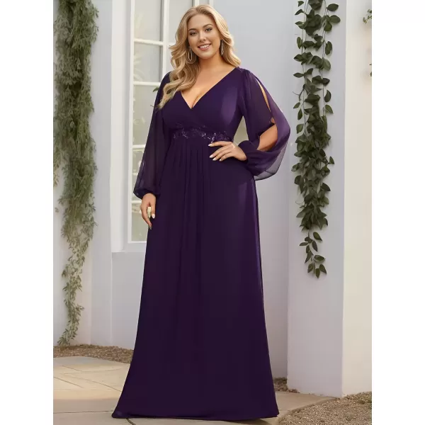 imageEverPretty A Line V Neck Long Sleeves Applique Ruched Chiffon Plus Size Maxi Formal Evening Dresses for Curvy Women 00461DADeep Purple