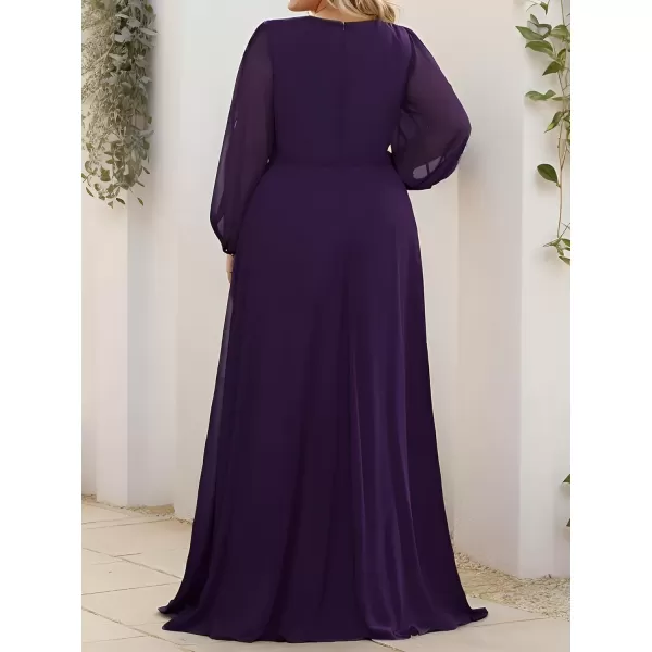 imageEverPretty A Line V Neck Long Sleeves Applique Ruched Chiffon Plus Size Maxi Formal Evening Dresses for Curvy Women 00461DADeep Purple