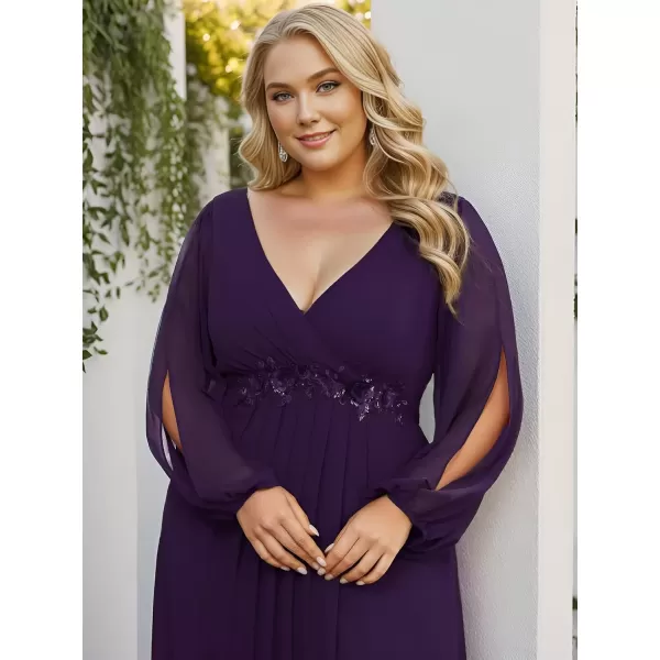 imageEverPretty A Line V Neck Long Sleeves Applique Ruched Chiffon Plus Size Maxi Formal Evening Dresses for Curvy Women 00461DADeep Purple