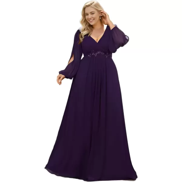 imageEverPretty A Line V Neck Long Sleeves Applique Ruched Chiffon Plus Size Maxi Formal Evening Dresses for Curvy Women 00461DADeep Purple