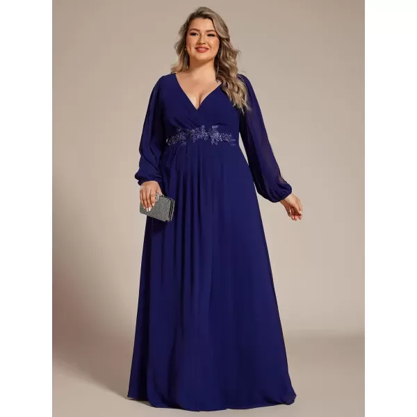 imageEverPretty A Line V Neck Long Sleeves Applique Ruched Chiffon Plus Size Maxi Formal Evening Dresses for Curvy Women 00461DADeep Royal Blue