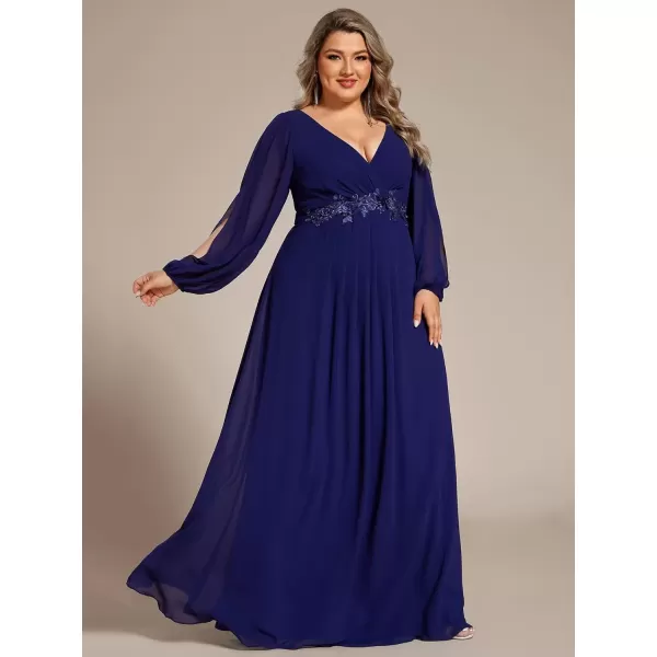 imageEverPretty A Line V Neck Long Sleeves Applique Ruched Chiffon Plus Size Maxi Formal Evening Dresses for Curvy Women 00461DADeep Royal Blue