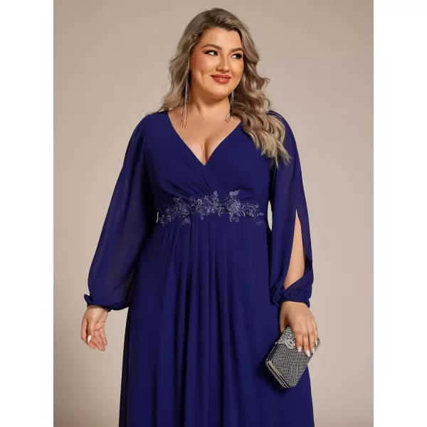 imageEverPretty A Line V Neck Long Sleeves Applique Ruched Chiffon Plus Size Maxi Formal Evening Dresses for Curvy Women 00461DADeep Royal Blue