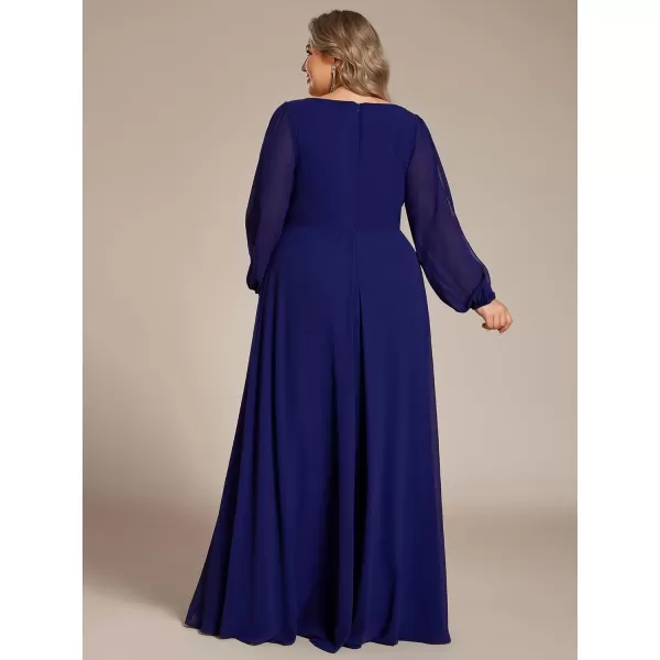 imageEverPretty A Line V Neck Long Sleeves Applique Ruched Chiffon Plus Size Maxi Formal Evening Dresses for Curvy Women 00461DADeep Royal Blue