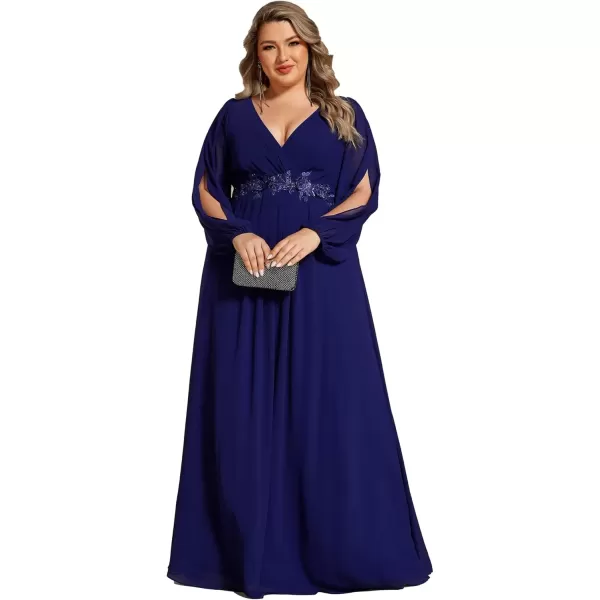 imageEverPretty A Line V Neck Long Sleeves Applique Ruched Chiffon Plus Size Maxi Formal Evening Dresses for Curvy Women 00461DADeep Royal Blue