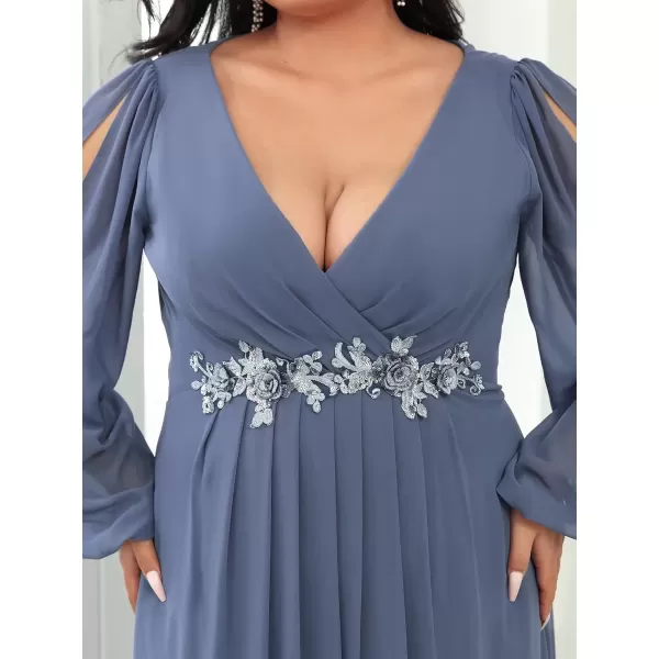 imageEverPretty A Line V Neck Long Sleeves Applique Ruched Chiffon Plus Size Maxi Formal Evening Dresses for Curvy Women 00461DADusty Navy