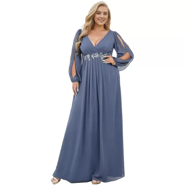 imageEverPretty A Line V Neck Long Sleeves Applique Ruched Chiffon Plus Size Maxi Formal Evening Dresses for Curvy Women 00461DADusty Navy