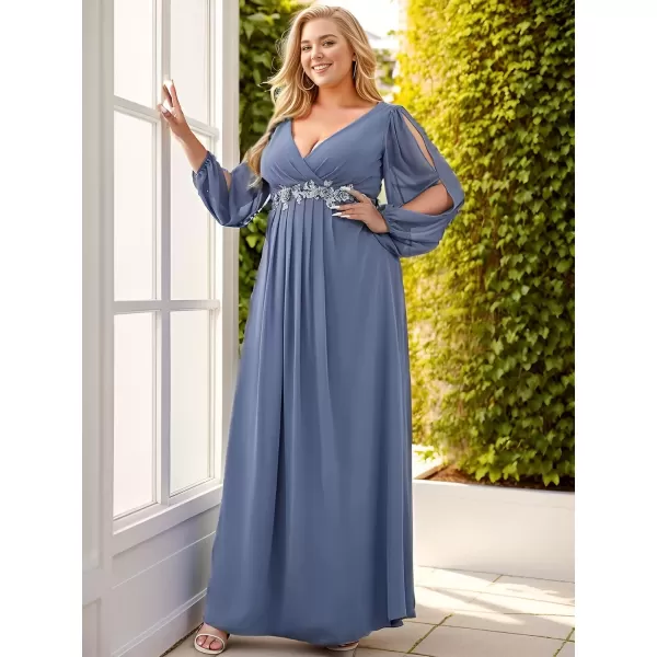 imageEverPretty A Line V Neck Long Sleeves Applique Ruched Chiffon Plus Size Maxi Formal Evening Dresses for Curvy Women 00461DADusty Navy