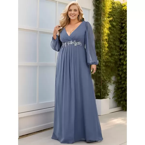 imageEverPretty A Line V Neck Long Sleeves Applique Ruched Chiffon Plus Size Maxi Formal Evening Dresses for Curvy Women 00461DADusty Navy