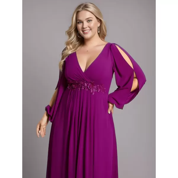 imageEverPretty A Line V Neck Long Sleeves Applique Ruched Chiffon Plus Size Maxi Formal Evening Dresses for Curvy Women 00461DAFuchsia