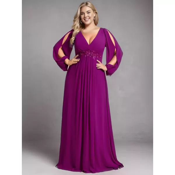 imageEverPretty A Line V Neck Long Sleeves Applique Ruched Chiffon Plus Size Maxi Formal Evening Dresses for Curvy Women 00461DAFuchsia