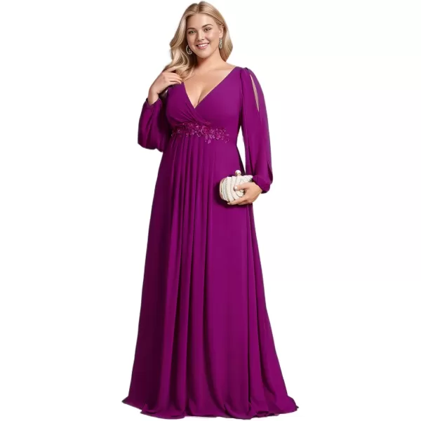 imageEverPretty A Line V Neck Long Sleeves Applique Ruched Chiffon Plus Size Maxi Formal Evening Dresses for Curvy Women 00461DAFuchsia