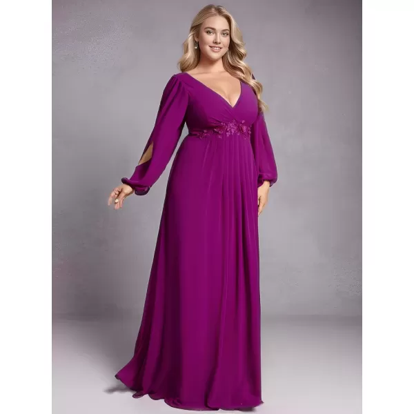 imageEverPretty A Line V Neck Long Sleeves Applique Ruched Chiffon Plus Size Maxi Formal Evening Dresses for Curvy Women 00461DAFuchsia