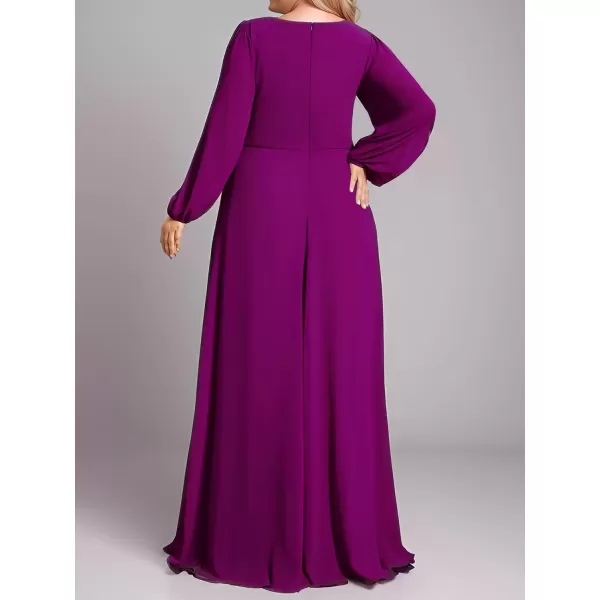 imageEverPretty A Line V Neck Long Sleeves Applique Ruched Chiffon Plus Size Maxi Formal Evening Dresses for Curvy Women 00461DAFuchsia