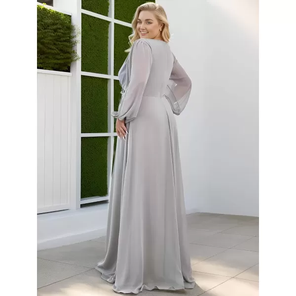 imageEverPretty A Line V Neck Long Sleeves Applique Ruched Chiffon Plus Size Maxi Formal Evening Dresses for Curvy Women 00461DAGrey