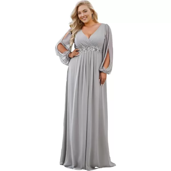 imageEverPretty A Line V Neck Long Sleeves Applique Ruched Chiffon Plus Size Maxi Formal Evening Dresses for Curvy Women 00461DAGrey