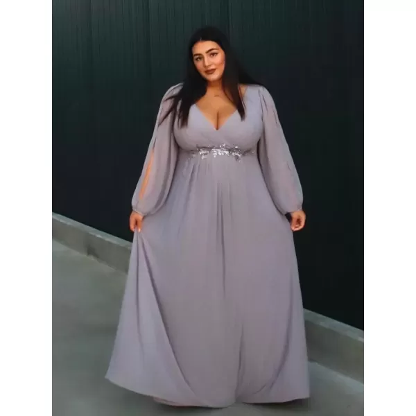 imageEverPretty A Line V Neck Long Sleeves Applique Ruched Chiffon Plus Size Maxi Formal Evening Dresses for Curvy Women 00461DAGrey