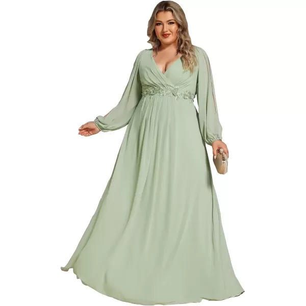 imageEverPretty A Line V Neck Long Sleeves Applique Ruched Chiffon Plus Size Maxi Formal Evening Dresses for Curvy Women 00461DAMint Green