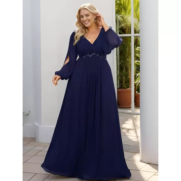 imageEverPretty A Line V Neck Long Sleeves Applique Ruched Chiffon Plus Size Maxi Formal Evening Dresses for Curvy Women 00461DANavy Blue