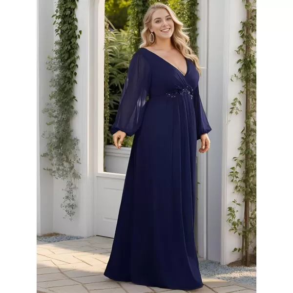 imageEverPretty A Line V Neck Long Sleeves Applique Ruched Chiffon Plus Size Maxi Formal Evening Dresses for Curvy Women 00461DANavy Blue