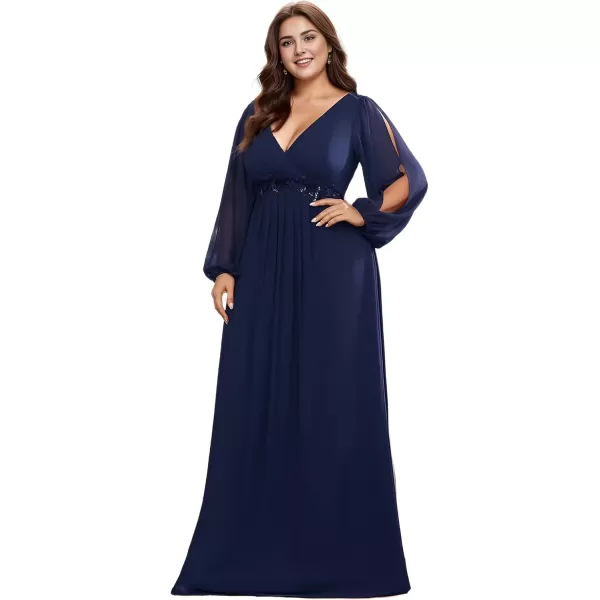 imageEverPretty A Line V Neck Long Sleeves Applique Ruched Chiffon Plus Size Maxi Formal Evening Dresses for Curvy Women 00461DANavy Blue