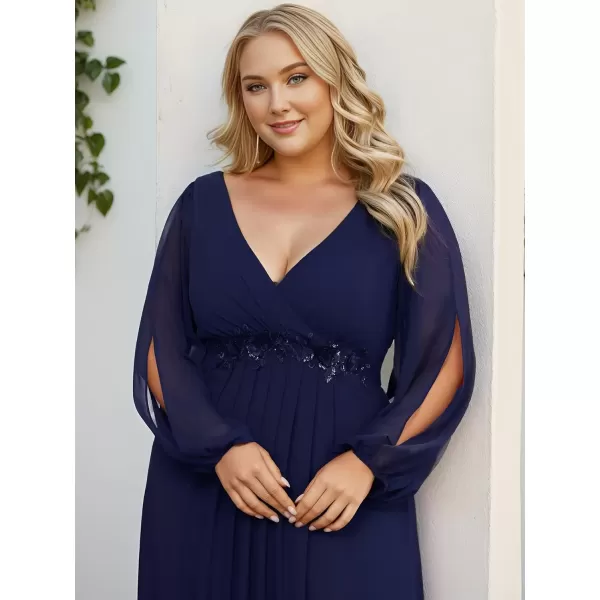 imageEverPretty A Line V Neck Long Sleeves Applique Ruched Chiffon Plus Size Maxi Formal Evening Dresses for Curvy Women 00461DANavy Blue