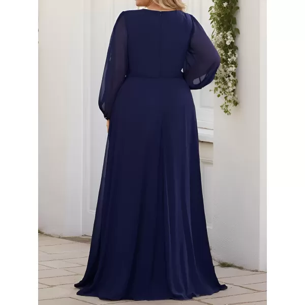 imageEverPretty A Line V Neck Long Sleeves Applique Ruched Chiffon Plus Size Maxi Formal Evening Dresses for Curvy Women 00461DANavy Blue