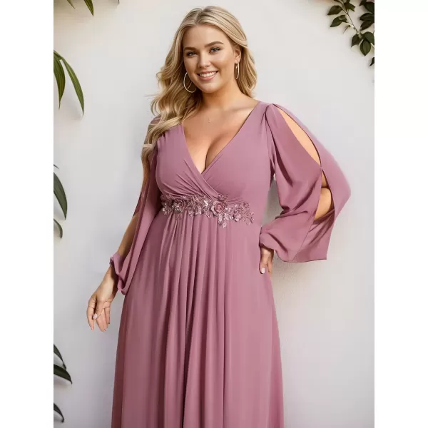 imageEverPretty A Line V Neck Long Sleeves Applique Ruched Chiffon Plus Size Maxi Formal Evening Dresses for Curvy Women 00461DAOrchid