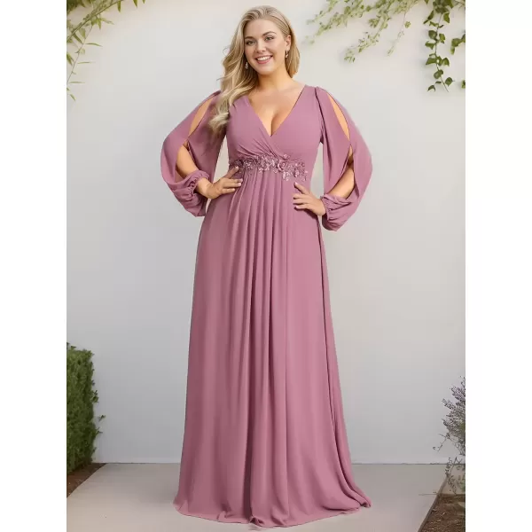 imageEverPretty A Line V Neck Long Sleeves Applique Ruched Chiffon Plus Size Maxi Formal Evening Dresses for Curvy Women 00461DAOrchid