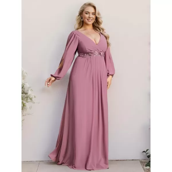 imageEverPretty A Line V Neck Long Sleeves Applique Ruched Chiffon Plus Size Maxi Formal Evening Dresses for Curvy Women 00461DAOrchid