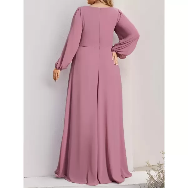 imageEverPretty A Line V Neck Long Sleeves Applique Ruched Chiffon Plus Size Maxi Formal Evening Dresses for Curvy Women 00461DAOrchid