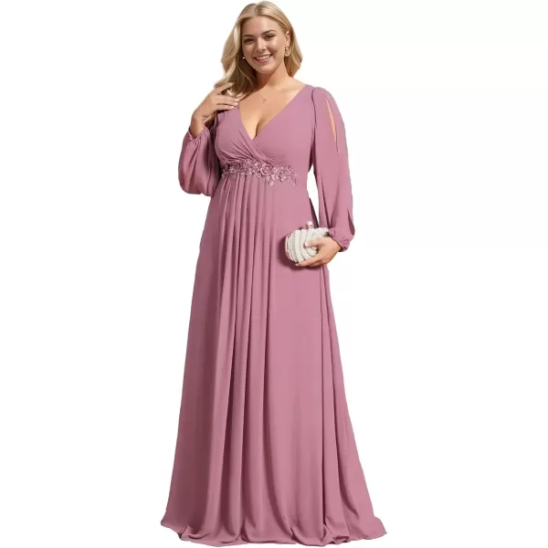 imageEverPretty A Line V Neck Long Sleeves Applique Ruched Chiffon Plus Size Maxi Formal Evening Dresses for Curvy Women 00461DAOrchid