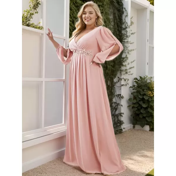 imageEverPretty A Line V Neck Long Sleeves Applique Ruched Chiffon Plus Size Maxi Formal Evening Dresses for Curvy Women 00461DAPink