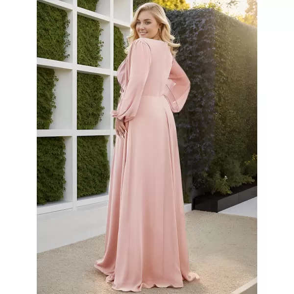 imageEverPretty A Line V Neck Long Sleeves Applique Ruched Chiffon Plus Size Maxi Formal Evening Dresses for Curvy Women 00461DAPink