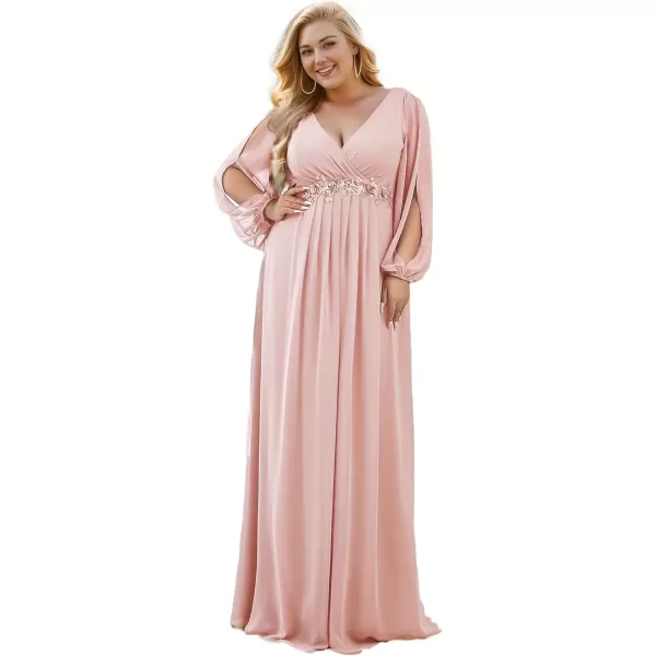 imageEverPretty A Line V Neck Long Sleeves Applique Ruched Chiffon Plus Size Maxi Formal Evening Dresses for Curvy Women 00461DAPink