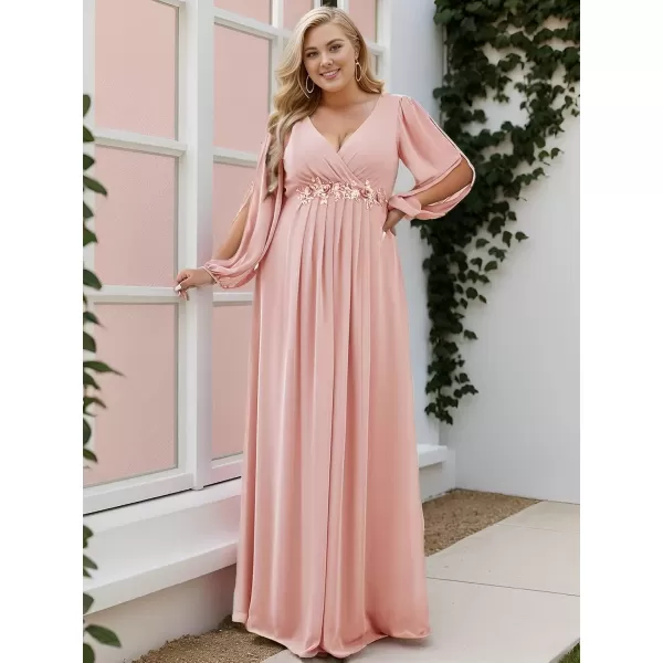 imageEverPretty A Line V Neck Long Sleeves Applique Ruched Chiffon Plus Size Maxi Formal Evening Dresses for Curvy Women 00461DAPink