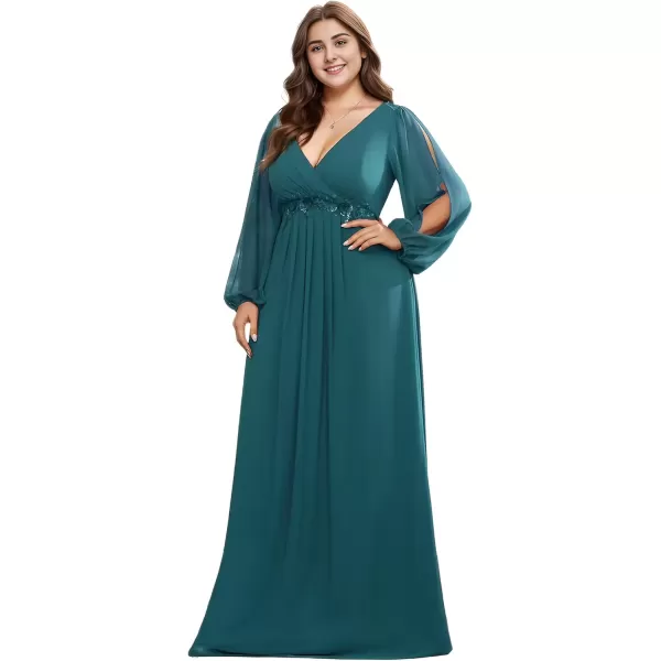 imageEverPretty A Line V Neck Long Sleeves Applique Ruched Chiffon Plus Size Maxi Formal Evening Dresses for Curvy Women 00461DATeal