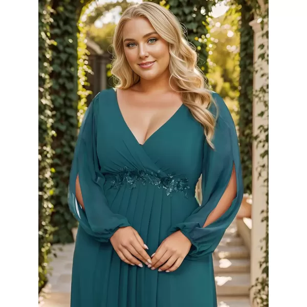 imageEverPretty A Line V Neck Long Sleeves Applique Ruched Chiffon Plus Size Maxi Formal Evening Dresses for Curvy Women 00461DATeal