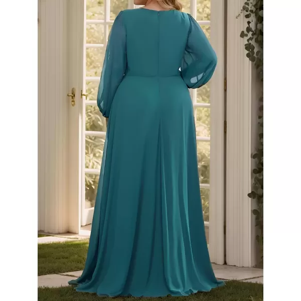 imageEverPretty A Line V Neck Long Sleeves Applique Ruched Chiffon Plus Size Maxi Formal Evening Dresses for Curvy Women 00461DATeal