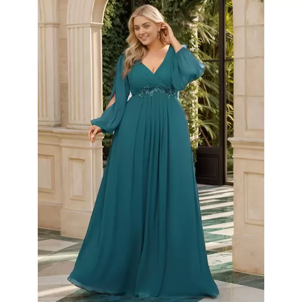 imageEverPretty A Line V Neck Long Sleeves Applique Ruched Chiffon Plus Size Maxi Formal Evening Dresses for Curvy Women 00461DATeal