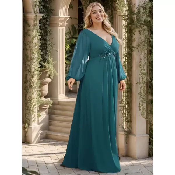 imageEverPretty A Line V Neck Long Sleeves Applique Ruched Chiffon Plus Size Maxi Formal Evening Dresses for Curvy Women 00461DATeal