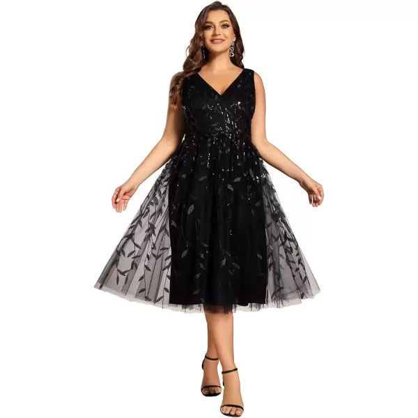 imageEverPretty A Line V Neck Sleeveless Sequin Plus Size Tulle Midi Length Wedding Guest Dresses for Curvy Women 02106DABlack