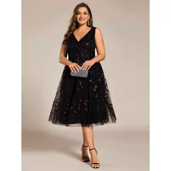 imageEverPretty A Line V Neck Sleeveless Sequin Plus Size Tulle Midi Length Wedding Guest Dresses for Curvy Women 02106DABlack