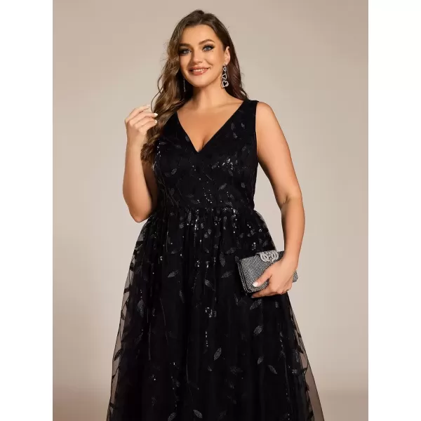 imageEverPretty A Line V Neck Sleeveless Sequin Plus Size Tulle Midi Length Wedding Guest Dresses for Curvy Women 02106DABlack