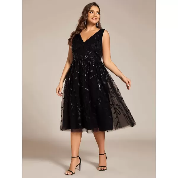 imageEverPretty A Line V Neck Sleeveless Sequin Plus Size Tulle Midi Length Wedding Guest Dresses for Curvy Women 02106DABlack