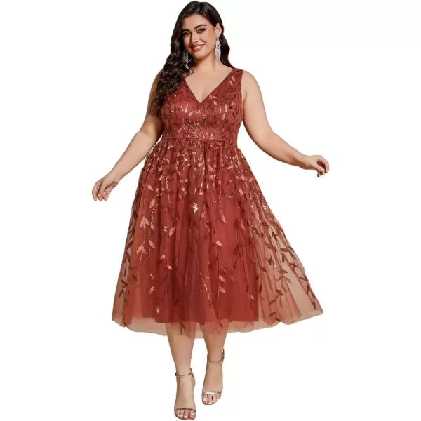 imageEverPretty A Line V Neck Sleeveless Sequin Plus Size Tulle Midi Length Wedding Guest Dresses for Curvy Women 02106DABurnt Orange