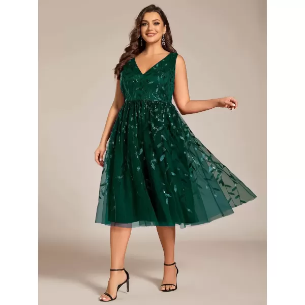 imageEverPretty A Line V Neck Sleeveless Sequin Plus Size Tulle Midi Length Wedding Guest Dresses for Curvy Women 02106DADark Green