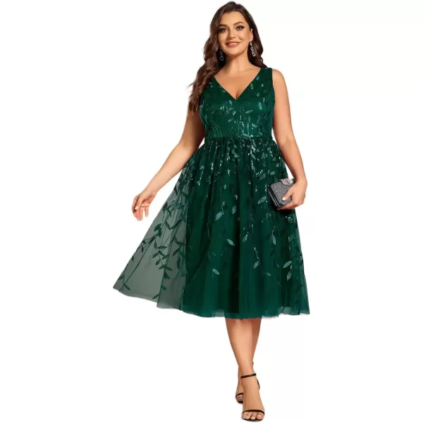 imageEverPretty A Line V Neck Sleeveless Sequin Plus Size Tulle Midi Length Wedding Guest Dresses for Curvy Women 02106DADark Green