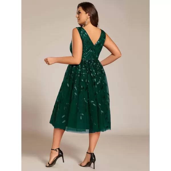 imageEverPretty A Line V Neck Sleeveless Sequin Plus Size Tulle Midi Length Wedding Guest Dresses for Curvy Women 02106DADark Green