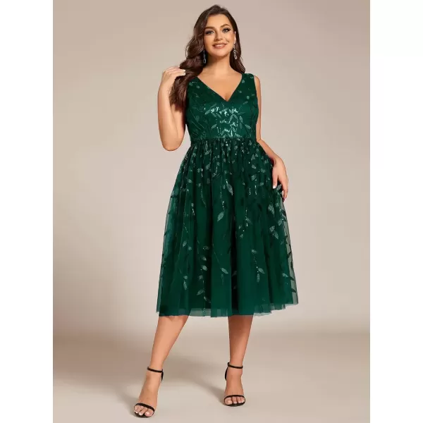 imageEverPretty A Line V Neck Sleeveless Sequin Plus Size Tulle Midi Length Wedding Guest Dresses for Curvy Women 02106DADark Green